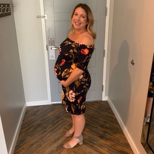 French Grey Floral Off the Shoulder Dress